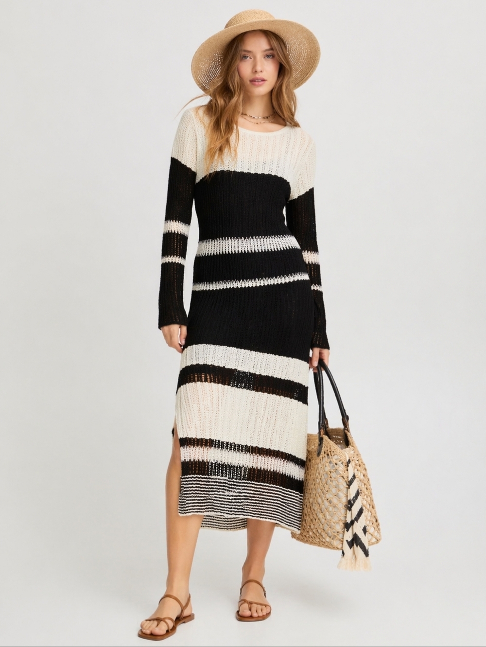 NWT Atelier Reve Irfantino Open Knit 2-in-1 Stripe Maxi Dress Layered Slip Lined